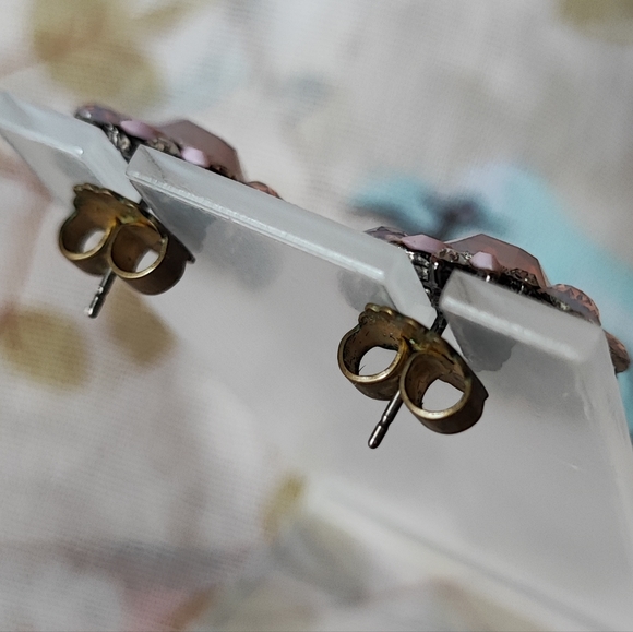 Pink Opaline Emerald Cut Teardrop Unsigned Pierced Earrings - Picture 6 of 11